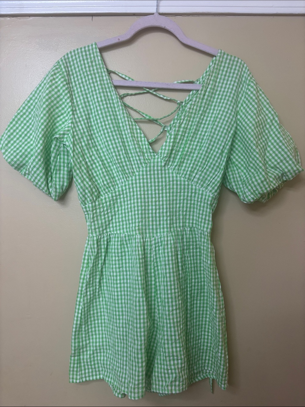 Nasty Gal Light Green Gingham V-Neck Tie-Back playsuite
